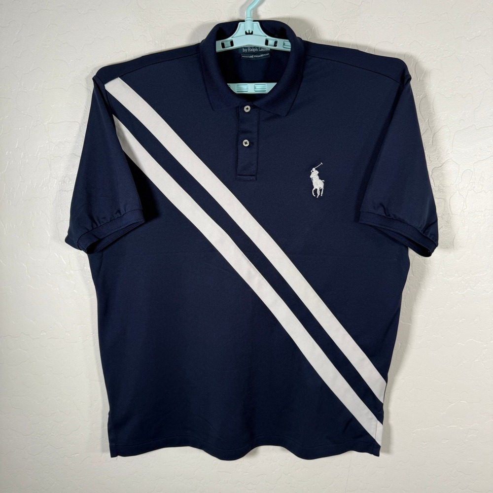 Polo Ralph Lauren Shirt Mens Large Navy Blue Big Pony Stripe Moisture Management